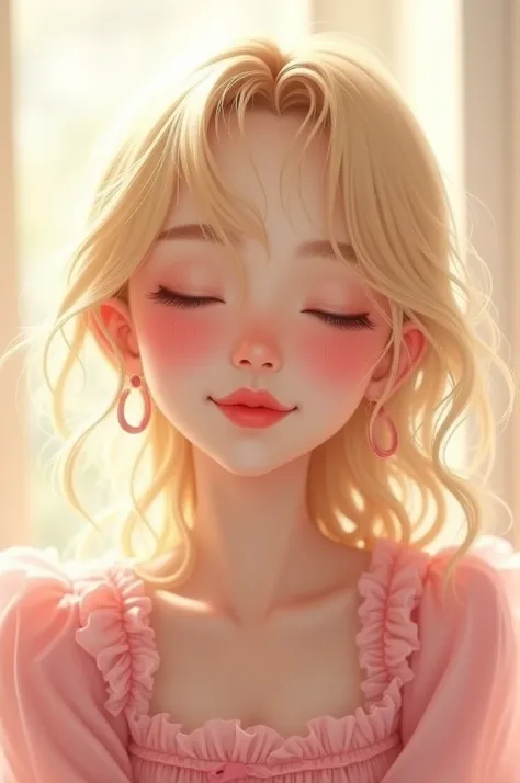 Blonde girl with curtain bangs and red lipstick and pink dress and pink shoes smiling with eyes closed 