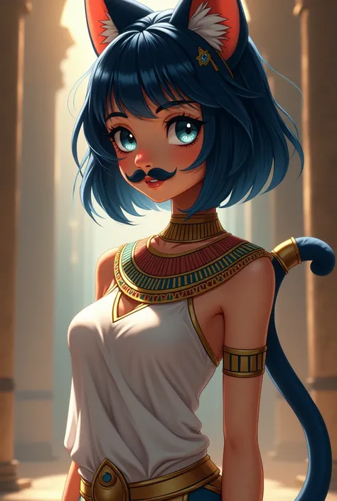 Egyptian Goddess Bastet, with human face, pele morena, Egyptian clothes, anime style, delicate face and body, short blue-black hair, cat ears and tail, cat eyes, and feline mustache