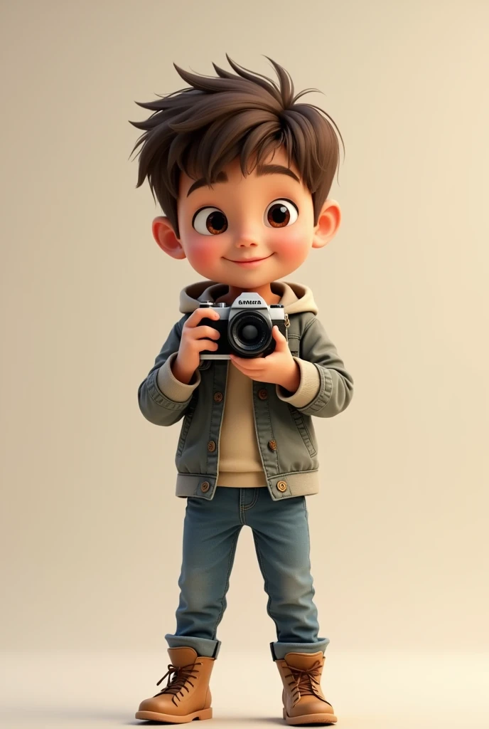 Boy with camera in hand facing front, carton 
