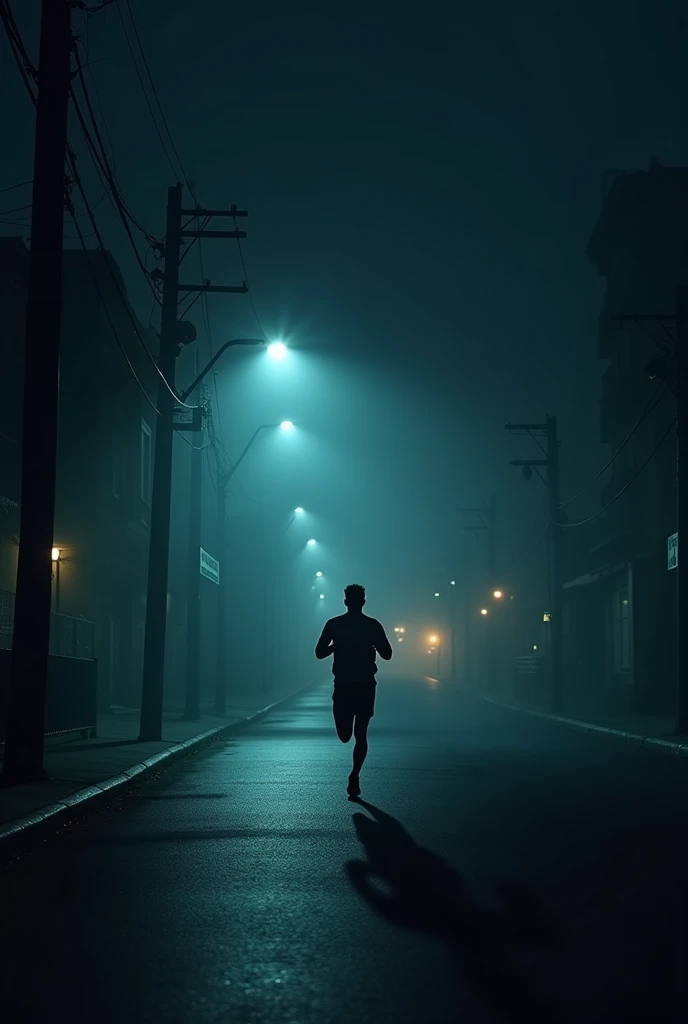 A person exercising on a dark street, with little streetlights 