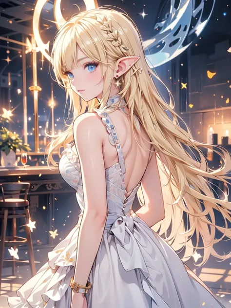 masterpiece, best quality, 1lady, ultra detailed, ultra highres, 8k, well-definded facial features, anatomically correct, cute lady, long pointy ears, elf, nice face, blonde hair, blue eyes, universe, Apollo, Apollo  suit, standing on the moon, 