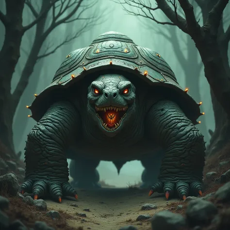 Create a dark fantasy style illustration of a single monstrous turtle. The focus should be entirely on the turtle, with intricate detailing that emphasizes its menacing and otherworldly nature. The turtles shell is adorned with eerie, glowing runes and sha...