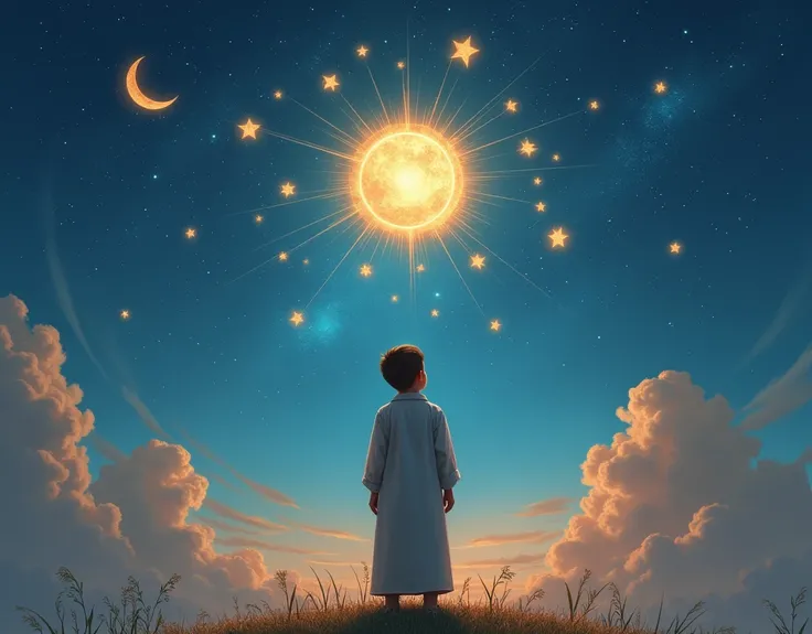 generate a realistic picture in which a Muslim male kid saw a dream that eleven stars moon and sun are performing worship of that kid