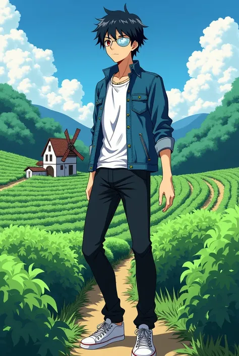 Japanese anime panel: A young man, black haired, average size, red eyes, wearing an eye patch on his right eye, wearing a white shirt and a denim jacket, black pants and sneakers, with his gaze directed towards the sky, with a canary smile on his face. The...