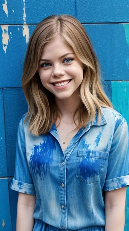 Dreama Walker wearing clothes made of blue paint and smiling