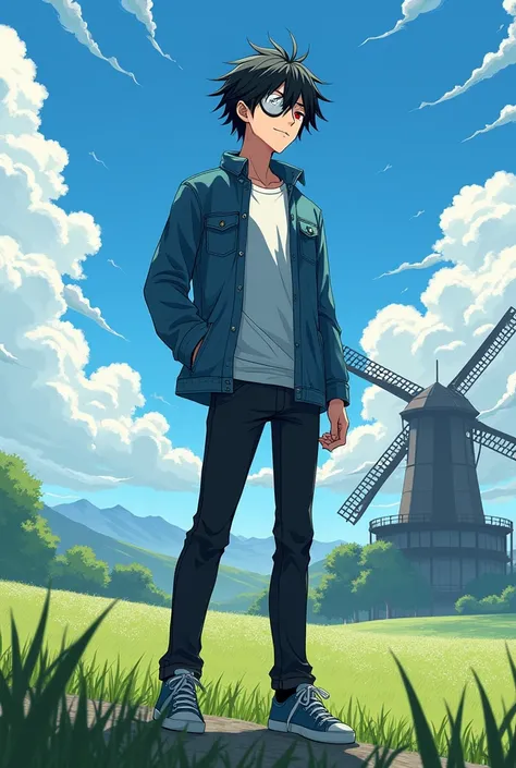 Japanese anime panel: A young man, black haired, average size, red eyes, wearing an eye patch on his right eye, wearing a white shirt and a denim jacket, black pants and sneakers, with his gaze directed towards the sky, with a canary smile on his face. The...