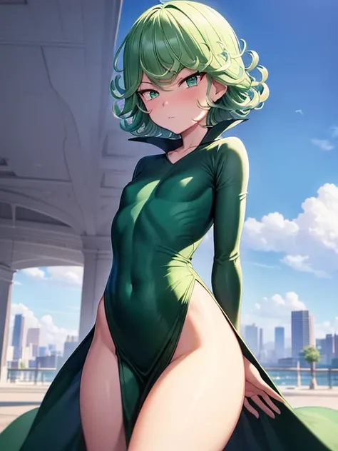 Masterpiece, best quality, ultra detailed, illustration, lighting epic, cinematic composition, 1 girl, Tatsumaki, short hair, green hair, very small breasts, green eyes, bright eyes, pouting, blushing, closed mouth, piercing gaze, full body, long white dre...