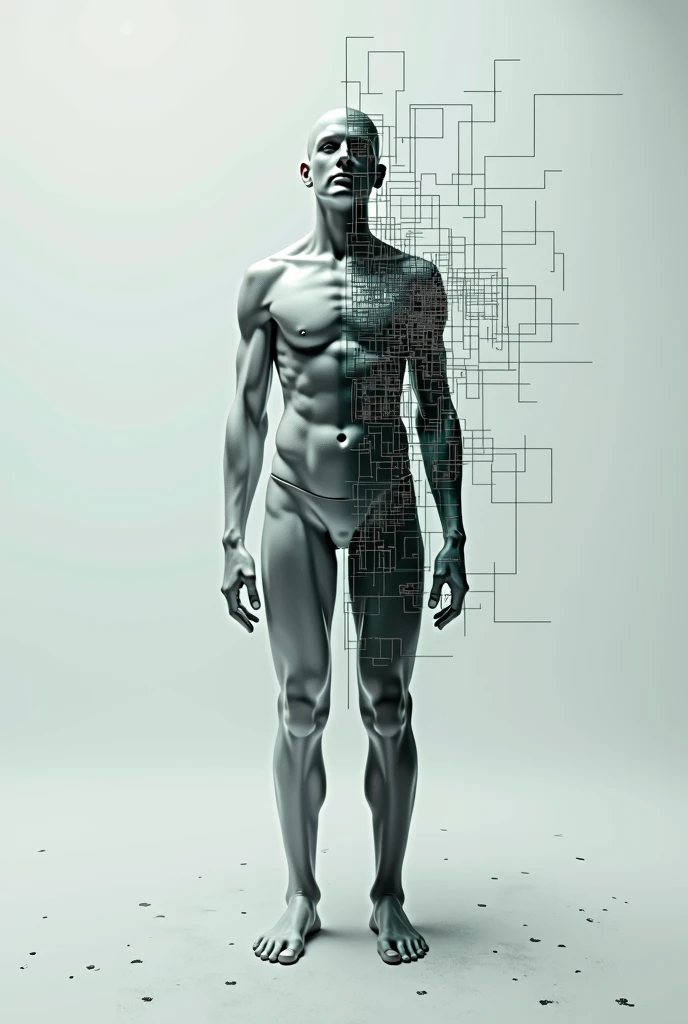 A human divided into two halves: one half is a normal figure, The other half is a digitized or pixelated figure, which represents the conversion of the human being into data.