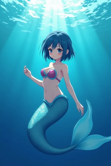 Long exposure photography. mermaid anime style art, cabelo tomboy, pixie haircut, blue black hair, Dark eyes, white skin, small breasts, blue and pink top and tail. Sexy Elegance Mermaid, swimming in the blue ocean, sunny day 