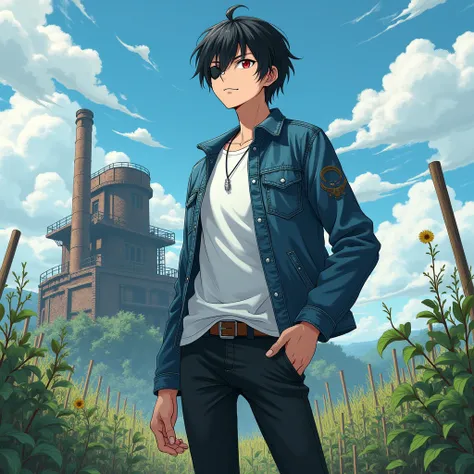 Japanese anime panel: A young man, black haired, average size, red eyes, wearing an eye patch on his right eye, wearing a white shirt and a denim jacket, black pants and sneakers, with his gaze directed towards the sky, with a canary smile on his face. The...