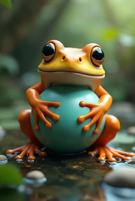 Frog with a ball around its neck

