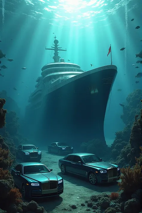 Imagine a ship at the bottom of the sea with several luxury cars that sank