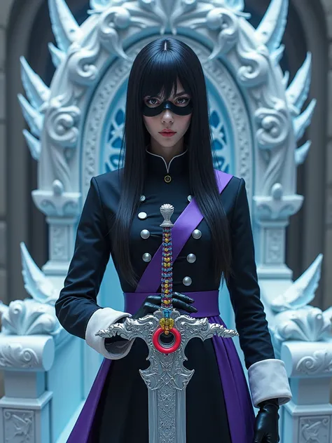 A female character dressed in a black, high-collared uniform with white cuffs and silver buttons stands centrally, facing forward with a serious expression. The uniform features a striking purple sash across the chest, and the character wears a black face ...