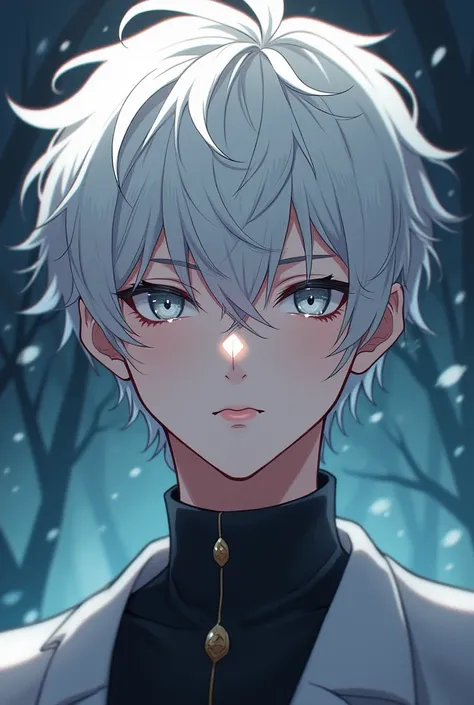 20 year old anime style boy a bit masculine with delicate features short white hair gray eyes 