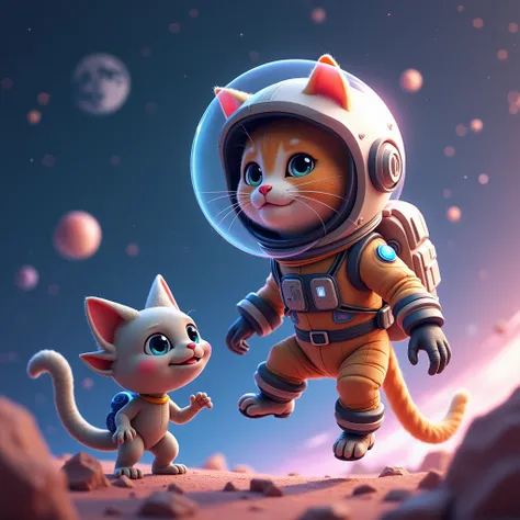 Space Explorer Cat: A brave cat in a space suit, floating in space with a rocket ship, stars, and planets, making friends with a friendly alien.