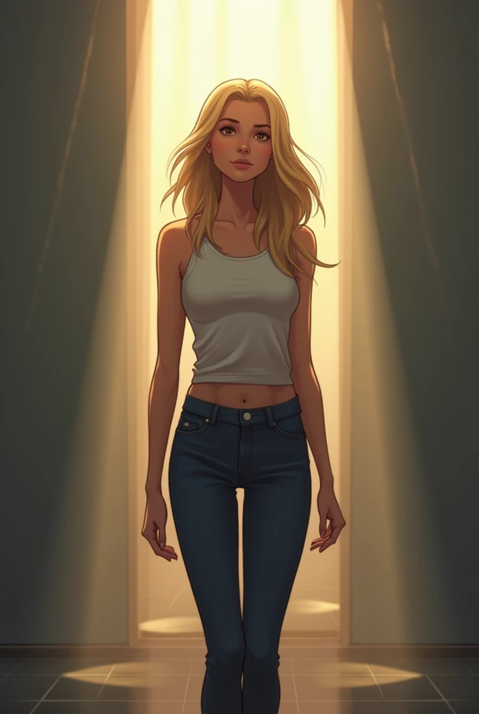 Mentally stronger blonde girl, with an upright posture, while the shadows of the past (Abusers and their traumas) begin to fade away. Although there are still some shadows behind her, There is light on the path. has emphasis on the shadows fading behind he...