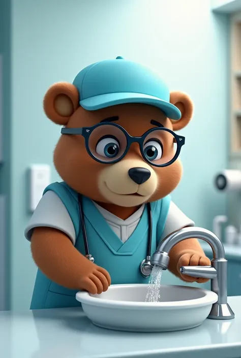 A spectacled bear wearing glasses with a light blue cap and a light blue vest and washing his hands in a doctor&#39;s office 