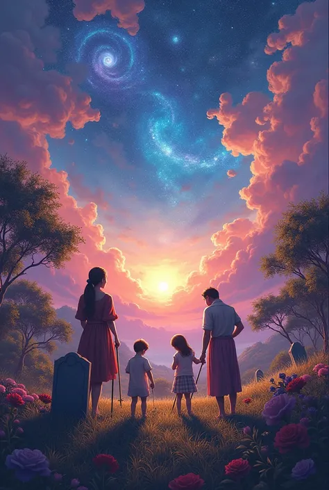 create a colorful landscape with galactic effect, with a family in the middle, a tombstone of a dead person, a baby breastfeeding from its mother, Children planting a seed next to the tombstone and a couple of grandparents with their walking sticks.