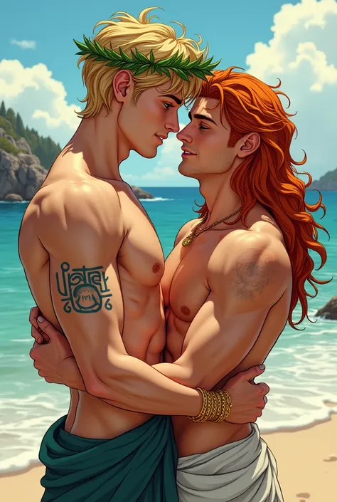 A gay kiss young man tall athletic, golden blonde messy hair , emerald green eyes with a crown of Greek laurel leaves on her head, seductive smile with a tattoo of Zeus on the left shoulder a young man with long red hair freckles green eyes serene smile ap...