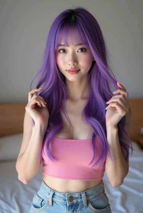 Korean woman with long purple hair with bangs with perfect face straightening hair in and with shorts and pink crop top bedroom 