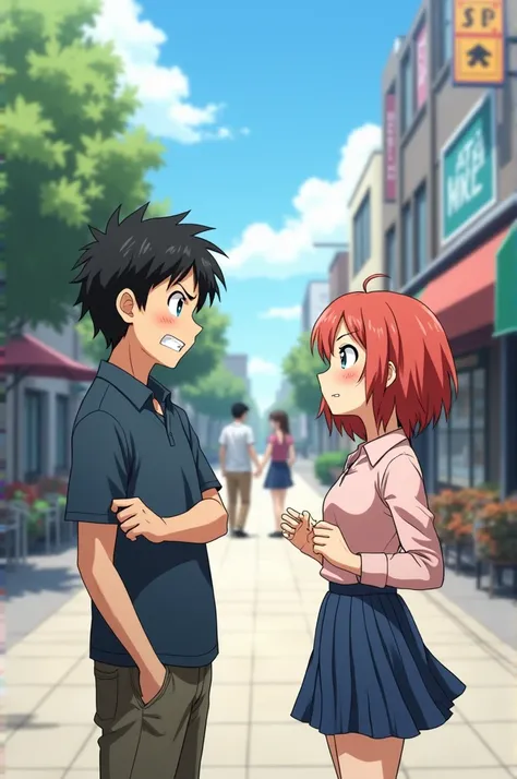 "Create a lighthearted anime-style scene where a frustrated boy is teasing a girl about how everyone says they could be his girlfriend, but no one actually agrees. The boy has an annoyed expression, while the girl, slightly blushing, reacts with playful de...