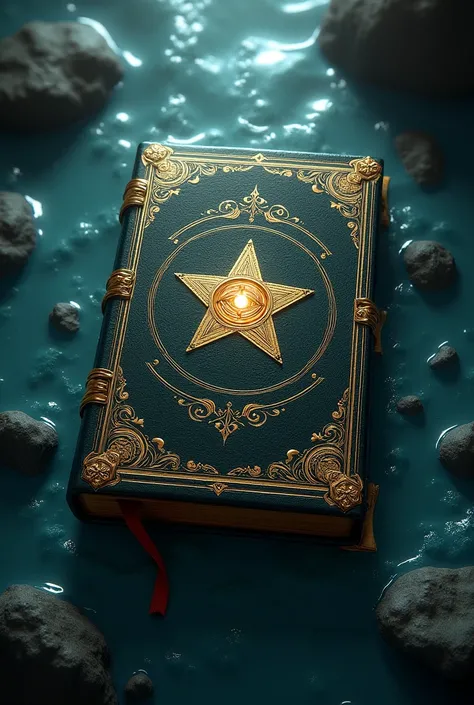 A big book, therefore, elegant, with golden edges, seen from above, closed up, in the middle a symbol of a seven-pointed star, with an eye shining in the middle, o livro está ao redor de liquido therefore viscoso, anime