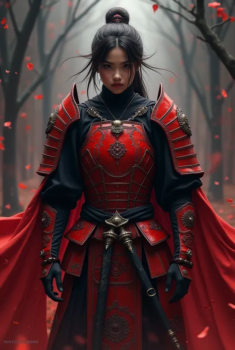 Dark skin, otokonoko with medium dark, brown hair, black eyes, wearing a red and black armour with long waistcape nezha inspired,