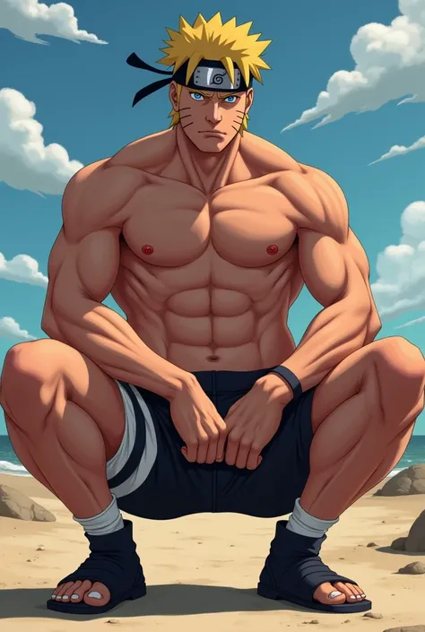 Nsfw, 1man, naked, Naruto Uzumaki, muscles, big dick, squatting, ass, erection, dick out in the open