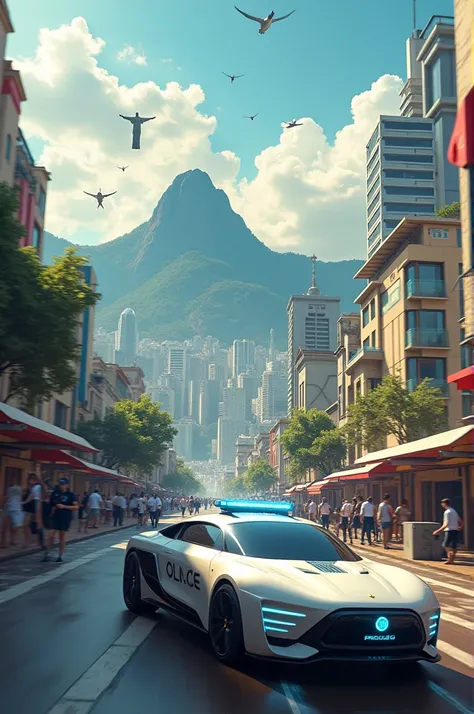 Imagine the city of Rio de Janeiro in 2080 with several flying cars and police robots