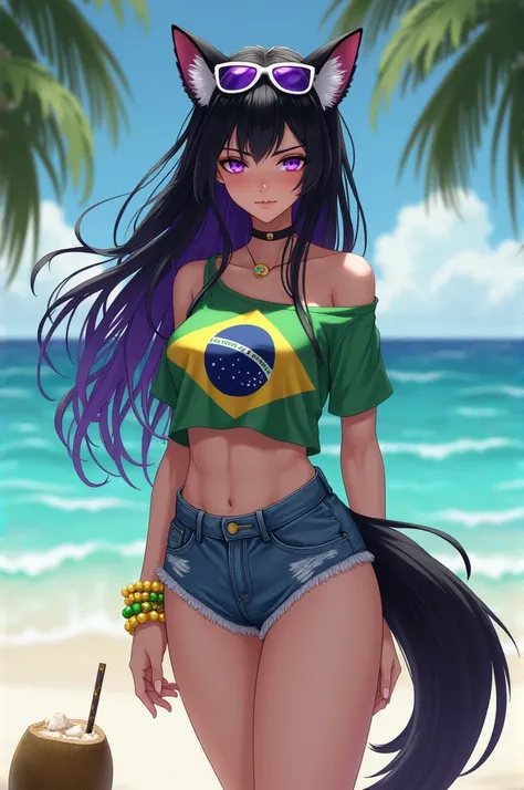 A white-skinned girl with black hair with purple highlights in her bangs with white ears and a black wolf tail. with purple eyes, Wearing a Brazilian shirt with the flag in the center, short denim shorts, that she has a black bikini under her clothes, a br...