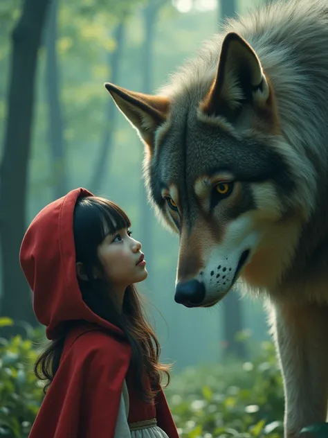 Angle from below, Japanese woman, cute face, fairy tale "Red Riding Hood" costume, blurred background, dream world, fantasy, in forest, blur, chromatic aberration, blur, Photo_Curly, real, solo, horizon, looks like model, face up to big gray wolf, looking ...