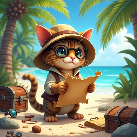 Cat on a Treasure Hunt: A clever cat dressed like an explorer with a treasure map, searching for hidden treasure on a sandy beach, surrounded by palm trees and a chest filled with jewels.