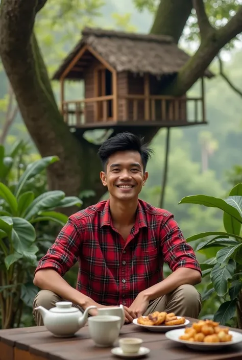 a handsome Indonesian man, short spiky black hair, red plaid shirt, smiling face cargo pants sitting in front of a small house in a tall tree, There is a table with cups and a teapot and a plate of fried food., photography, ultra HD, 4k 