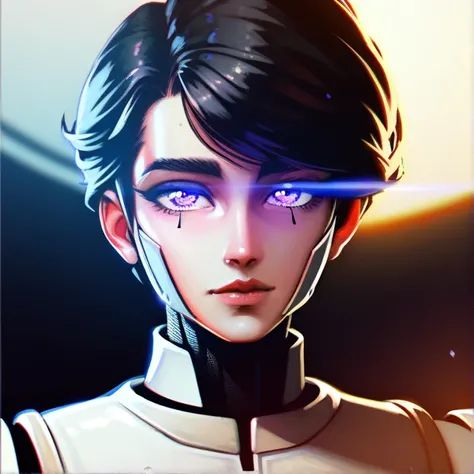 a boy android with human face, beautiful detailed bright eyes, beautiful detailed skin, purple eyes, black hair, anatomically correct, (best quality,4k,8k,highres,masterpiece:1.2),ultra-detailed, HDR,cinematic lighting,vivid colors,desde abajo,((2D)),full ...