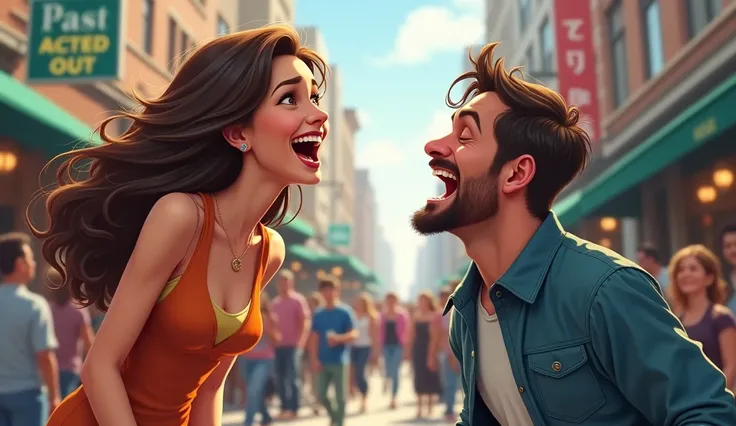 Woman laughing at man on the street
