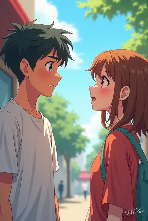 "Create a lighthearted anime-style scene where a 20 year old frustrated boy is teasing a 20 year old girl about how everyone says they could be his girlfriend, but no one actually agrees. The boy has an annoyed expression, while the girl, slightly blushing...