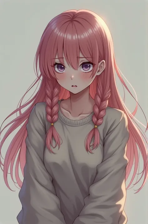 anime girl in sweater,pretty,pink hair,braids,sad,defeated,looking away,down,devastated,agony,