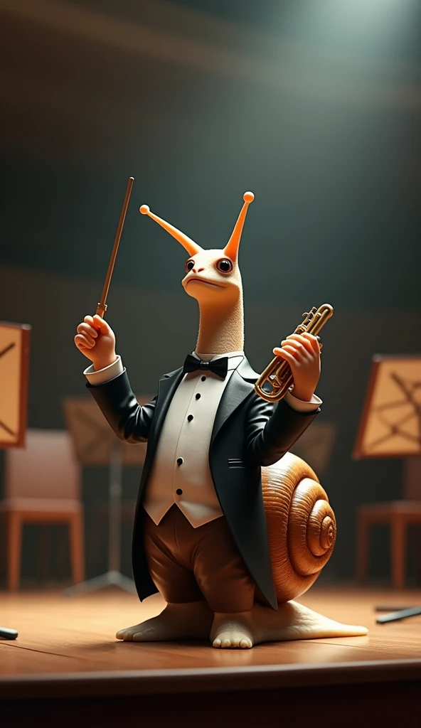 A snail dressed as an orchestra conductor and playing the trumpet