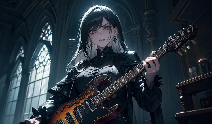 a gothic electric guitar, highly detailed, dramatic shadows, moody atmosphere, dark colors, metallic textures, intricate details, ornate patterns, dramatic poses, dramatic angles, intricate design, complex shapes, ultra-detailed, streaked hair, black hair,...