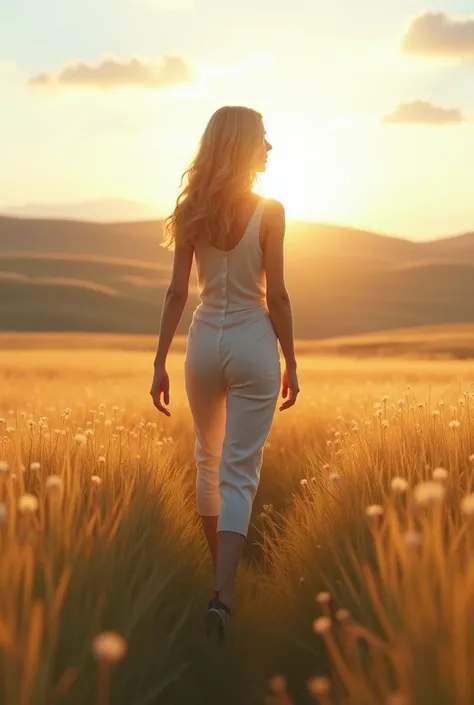 the blonde girl walking towards the light, in an open landscape, with a determined look towards the horizon. The girl looks more confident and secure from behind and is very sure of herself. 








