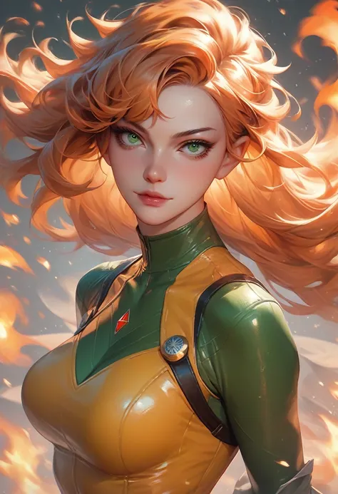 score_9, score_8_up, score_7_up, score_6_up, score_5_up, jean grey, 1girl, long hair, orange hair, yellow bodysuit, fire, lookin...