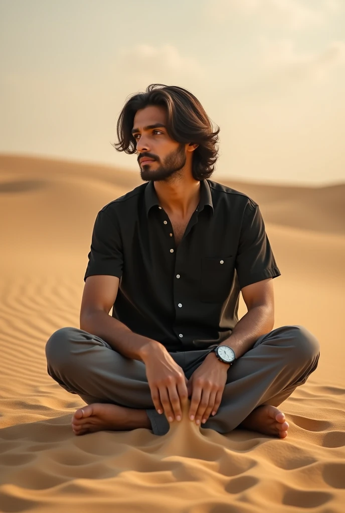  A 1  slim pakistani young male wearing black shirt and grey pant clothes with medium length hair is sitting with his legs folded in the desert, dropping sand from his hand, he is wearing a watch. The sand is blurred and swirling around him sharp quality p...