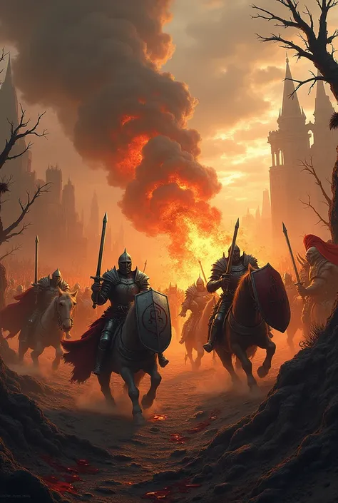 
Epic battle, hellish landscape, multiple warriors, fighting, knights, orcs, fighting