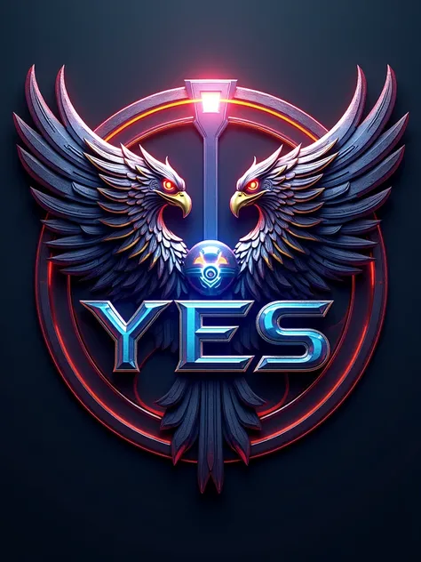 Create a logo with YES word in the center, futuristic Eagle on left and a jaguar on right side representing power. Colourful and shiny