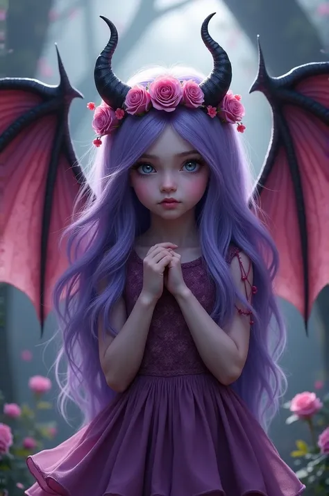  a young girl around the age of five, with long flowing hair violet hair, and a crown of horns not unlike her father but smaller, adorned in roses and petals, with a pair of leathery, demonic wings at her back. Her eyes show cunning 