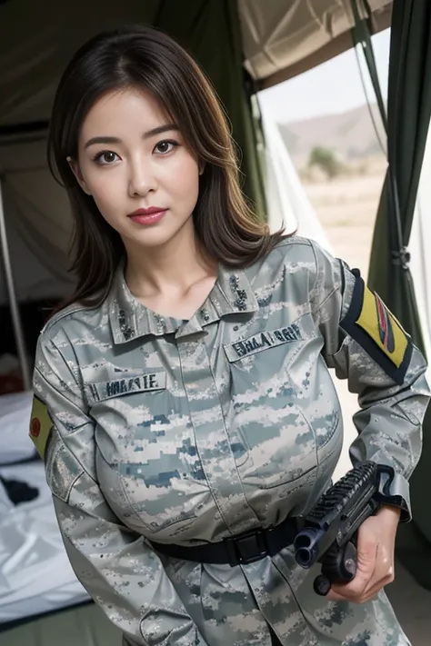 mature attractive sexy woman,50 years old, ((((combatant))))、(((military)))、((camouflage uniform))、((military helmet))、((((comba...