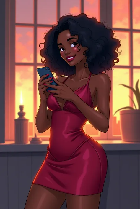 A beautiful woman, around 2, she is a black woman, she has black hair and black eyes, she has nice curves and thighs, she has her phone in her hands looking like shes texting, shes smiling, she wears a short dress up her knees, anime style, realistic wide ...