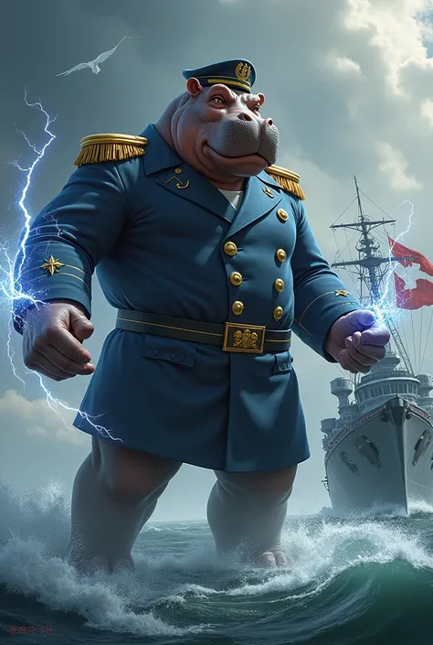 Bipedal hippopotamus on a warship as captain with lightning bolts in his hands 