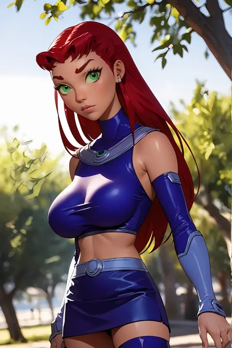 (ultra realistic,32k, masterpiece:1.2),(high detailed skin:1.1),( high quality:1.1),
starfire,v-shaped eyebrows,  1girl, solo, green eyes, long hair, red hair, orange skin, dark skin, dark-skinned female,turtleneck top,ruffle skirt,long sleeves, thigh high...