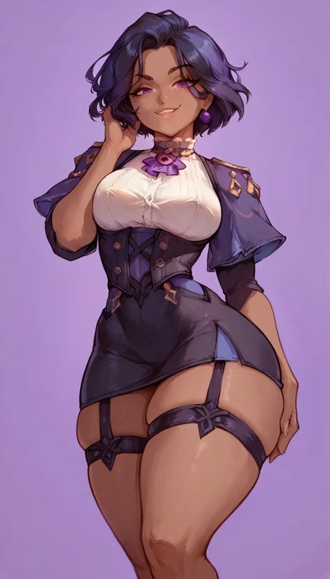 (solo) female , black short hair, woman, attractive ,wearing clorinde outfit, thicc, freckles, freckles on face, smug eyes, (hap...